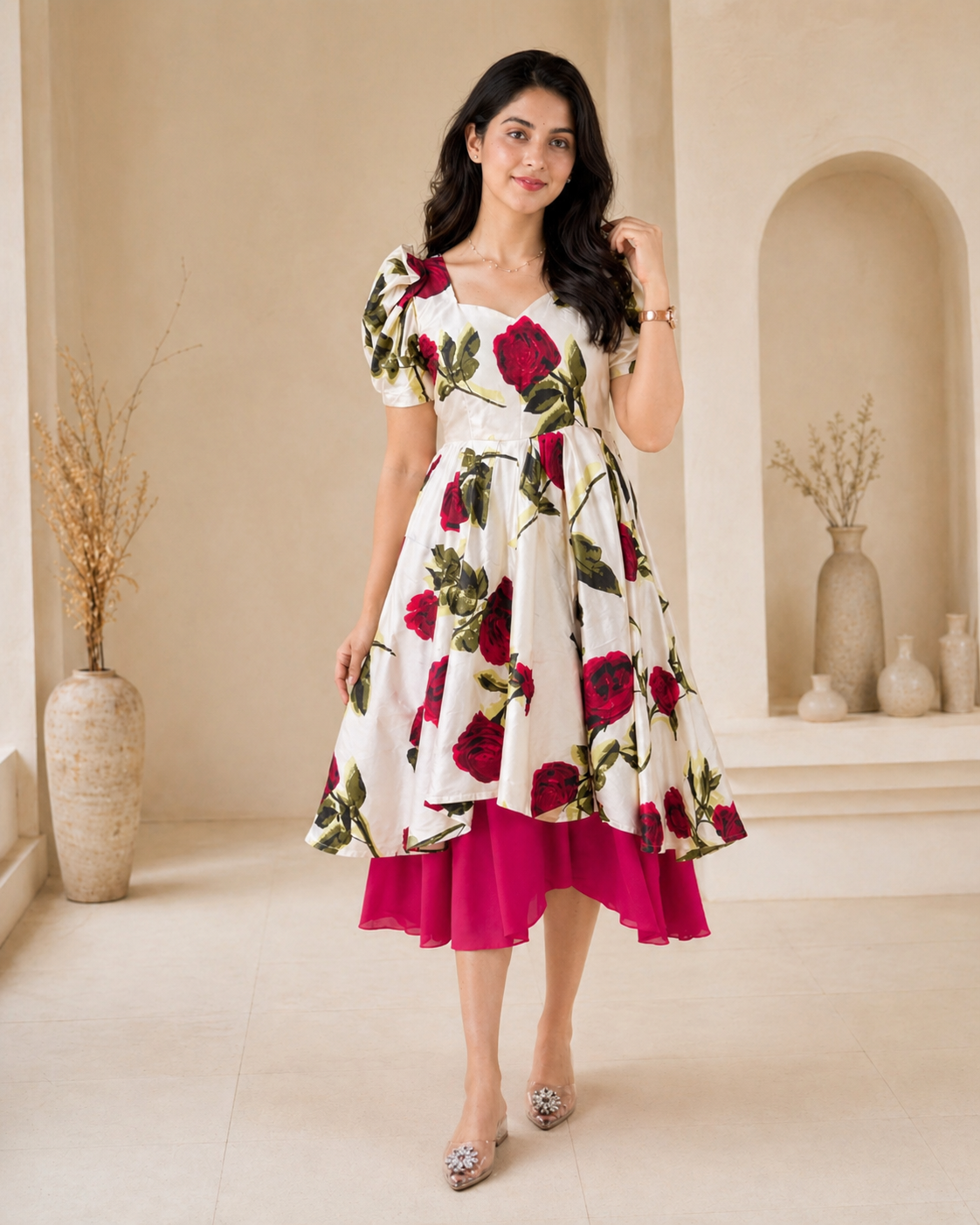 Beige with maroon floral frock
