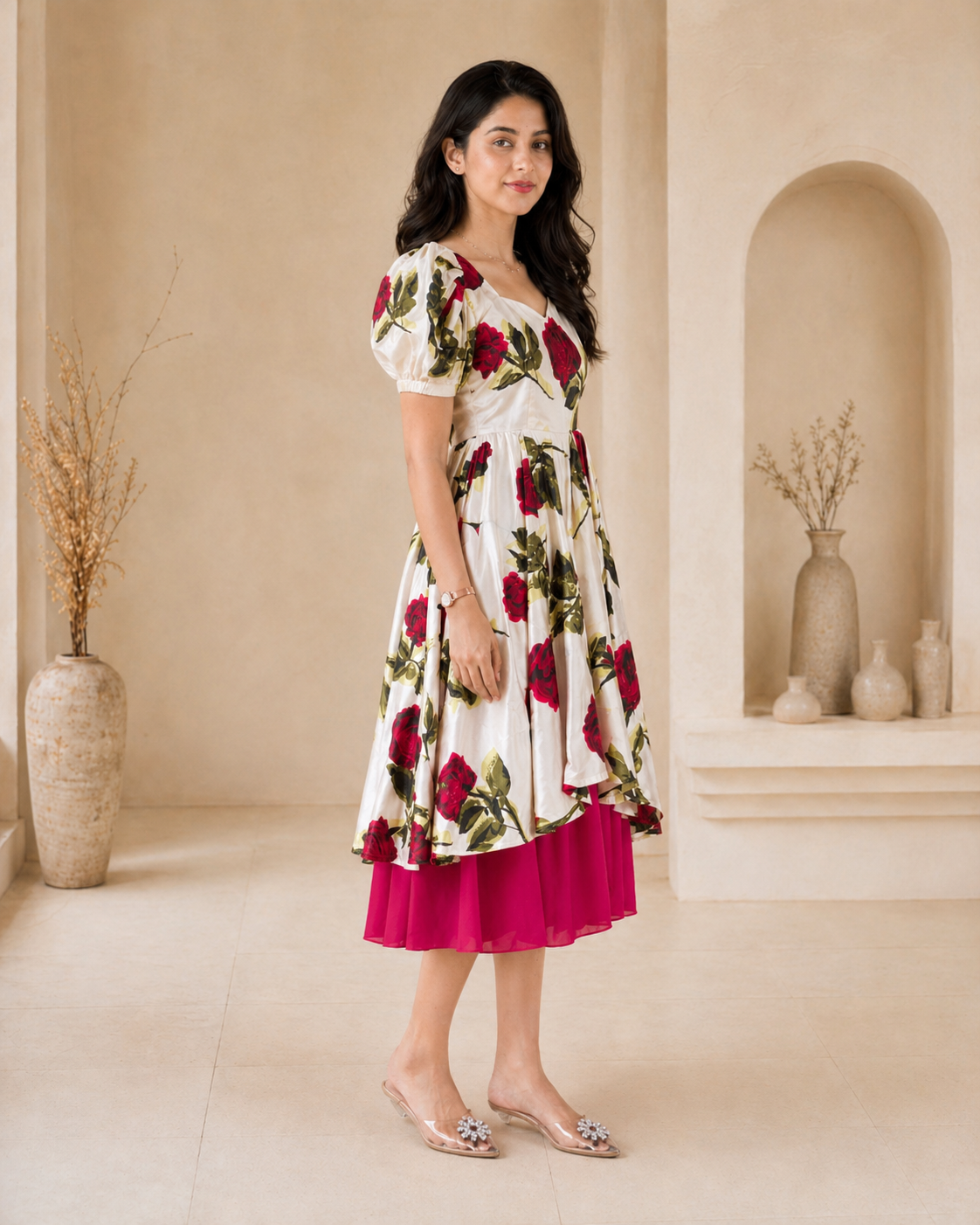 Beige with maroon floral frock