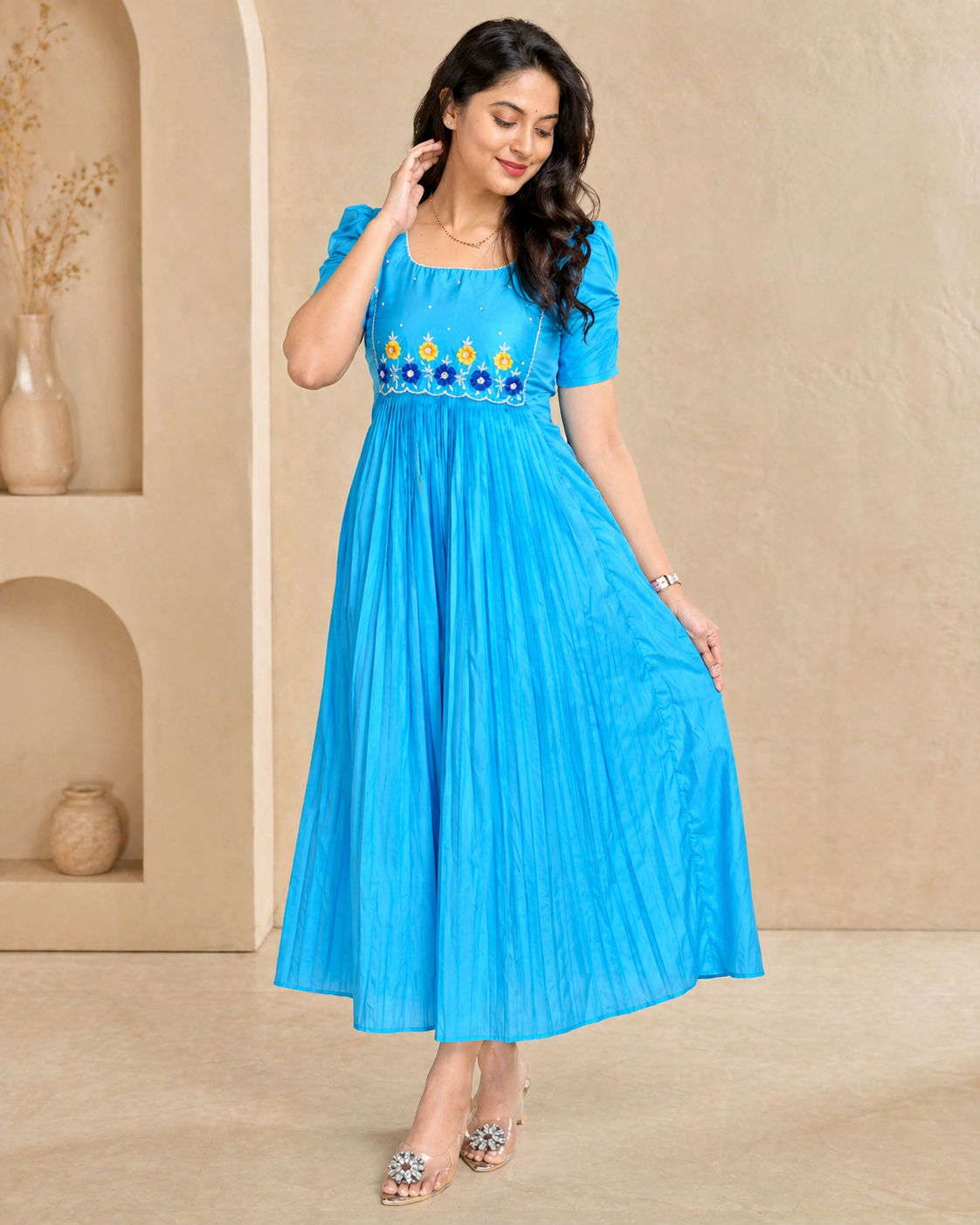 Royal Blue Silk Party Wear Frock with hand embroidery
