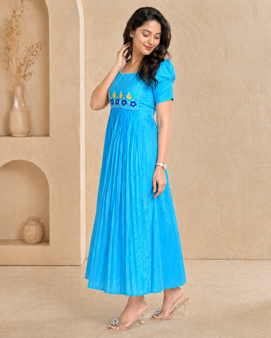 Royal Blue Silk Party Wear Frock with hand embroidery