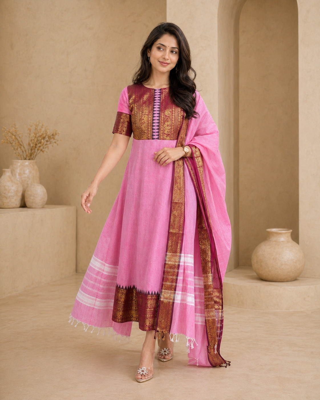 kanchi cotton Frock with border and dupatta
