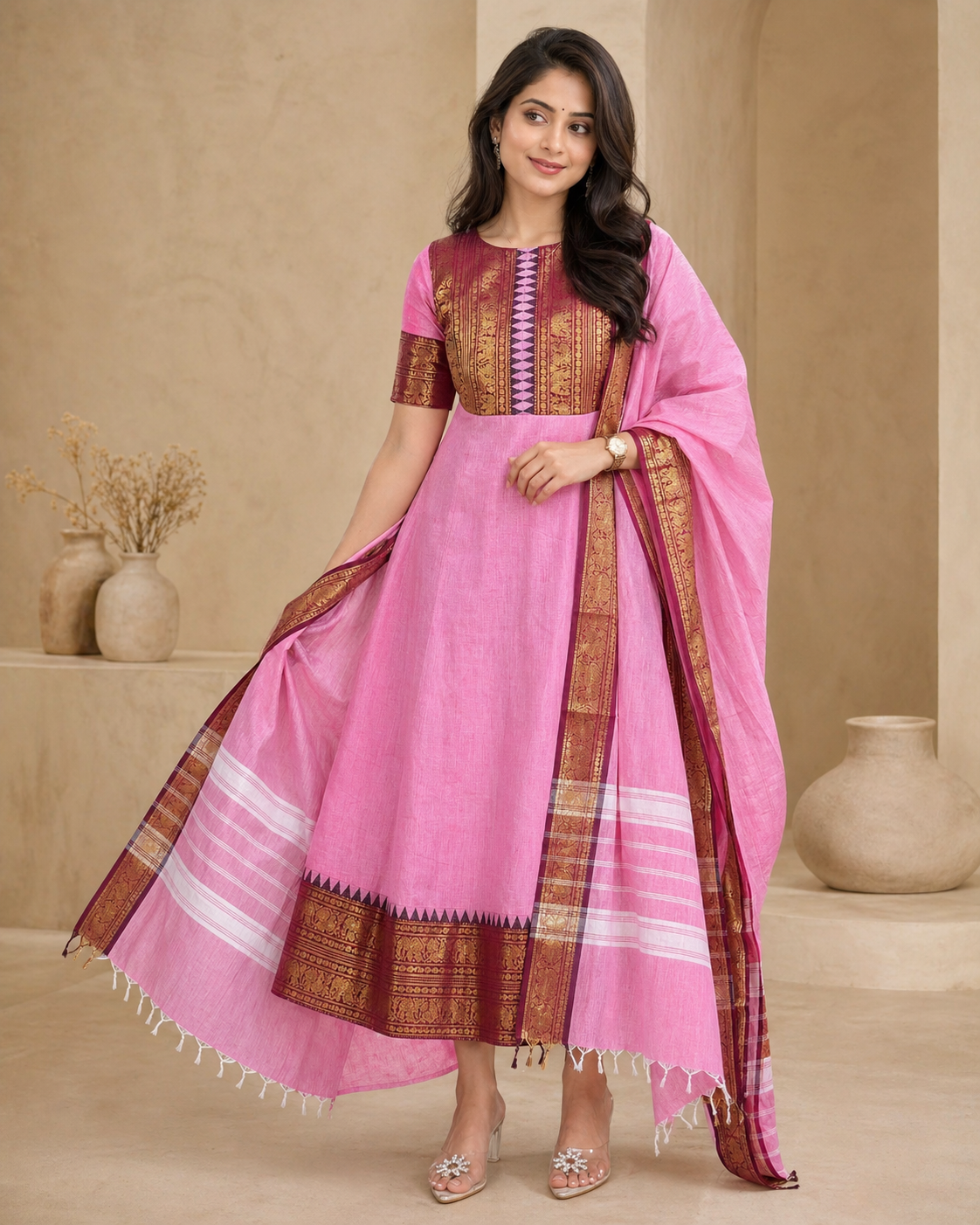 kanchi cotton Frock with border and dupatta