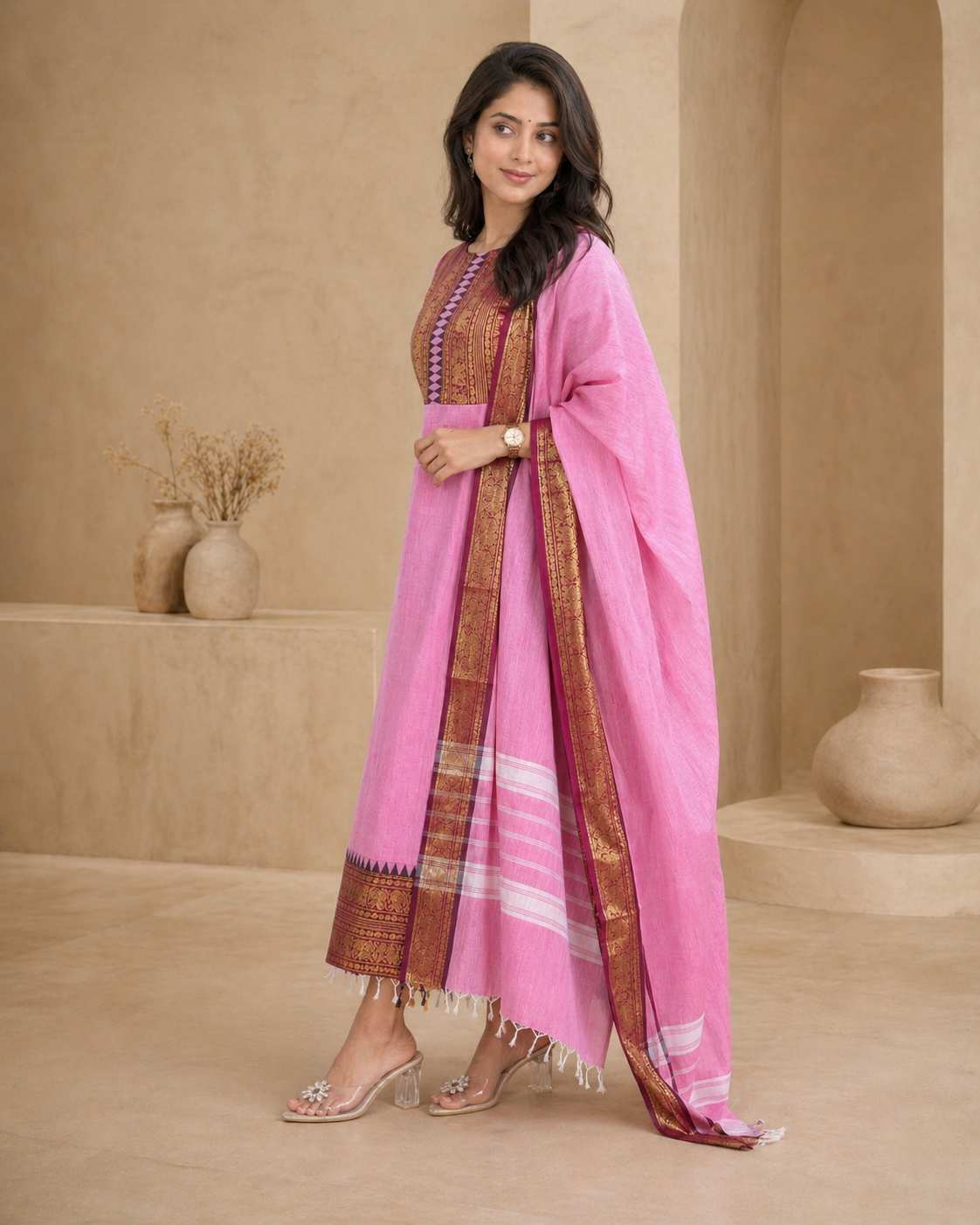 kanchi cotton Frock with border and dupatta
