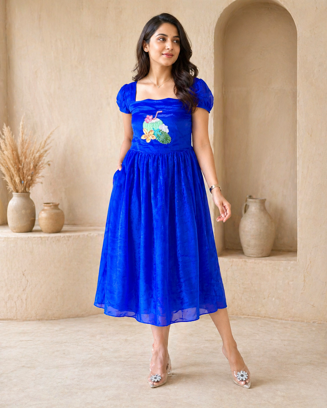 Blue tissue frock with cute hand embroidery motif