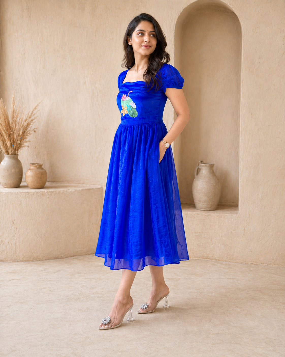 Blue tissue frock with cute hand embroidery motif