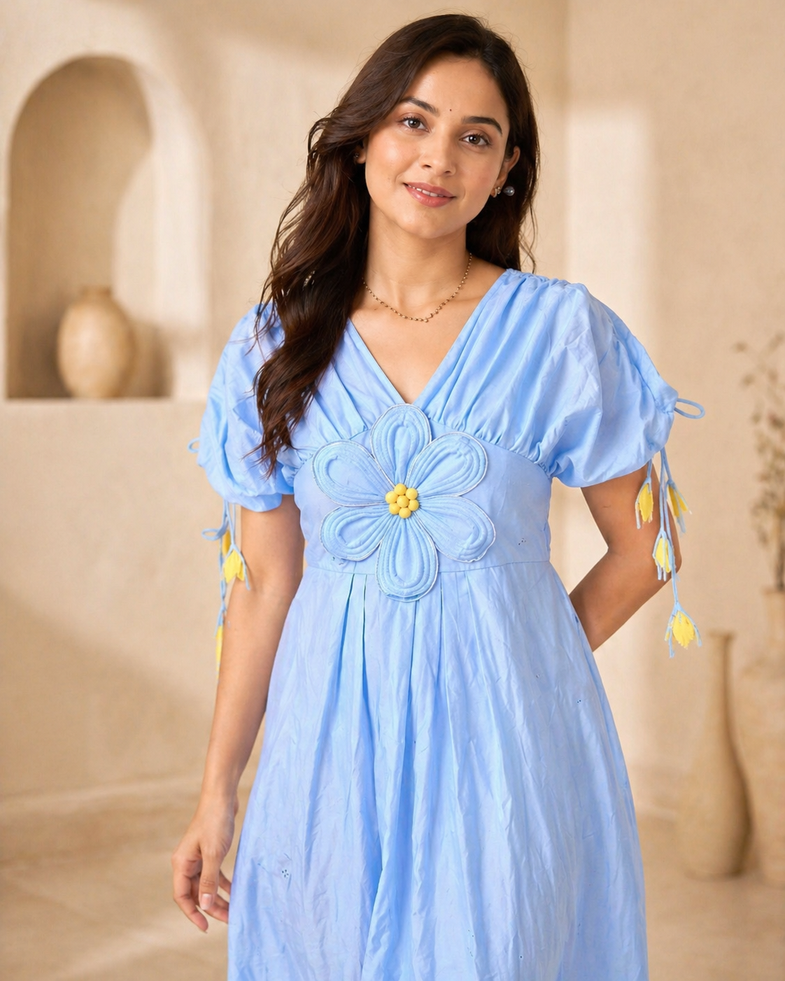 Ice blue cotton frock with aplique work detailing