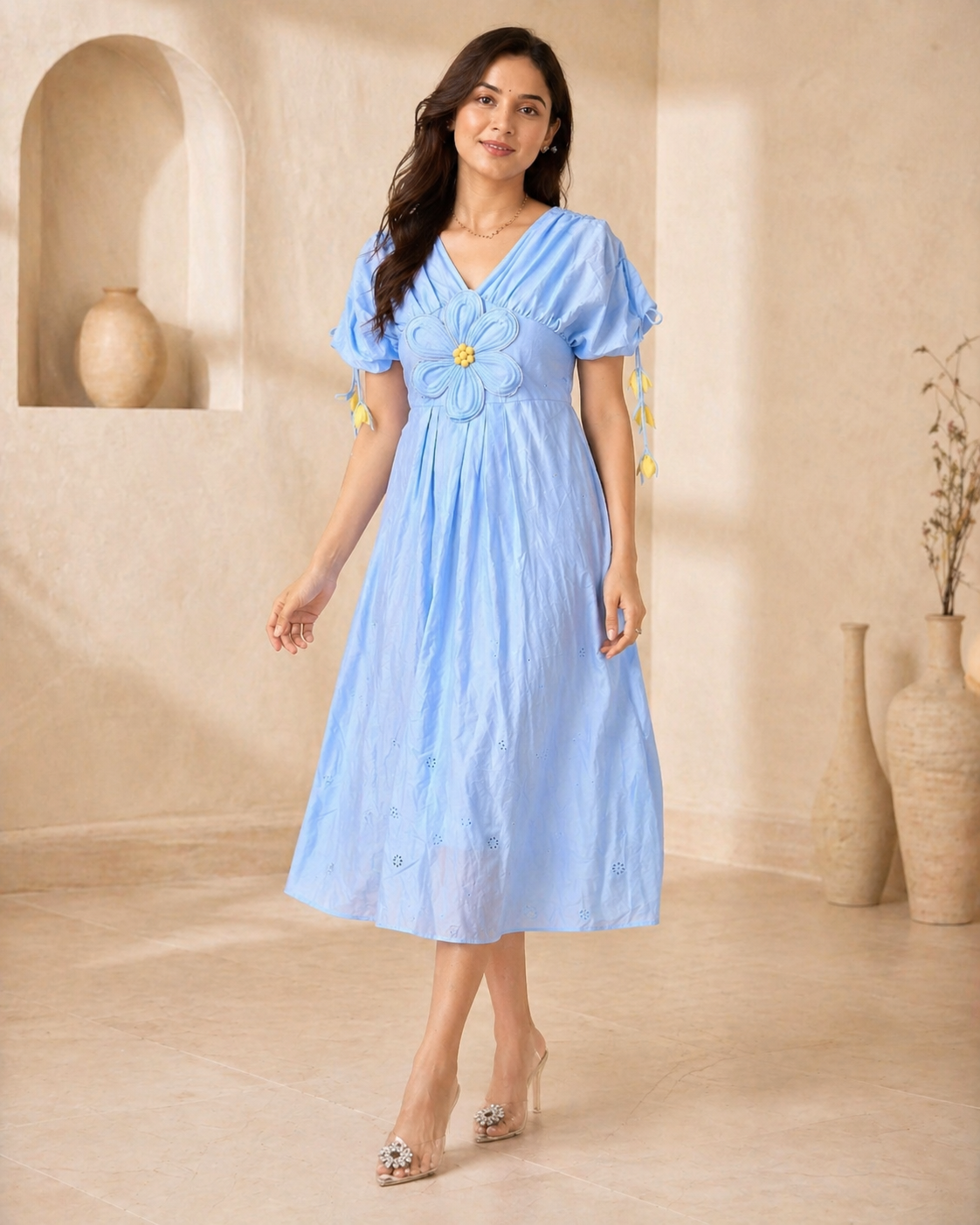 Ice blue cotton frock with aplique work detailing