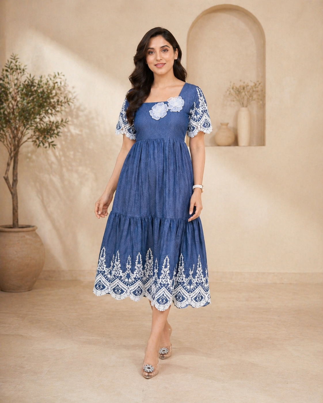 Denim casual frock with applique work