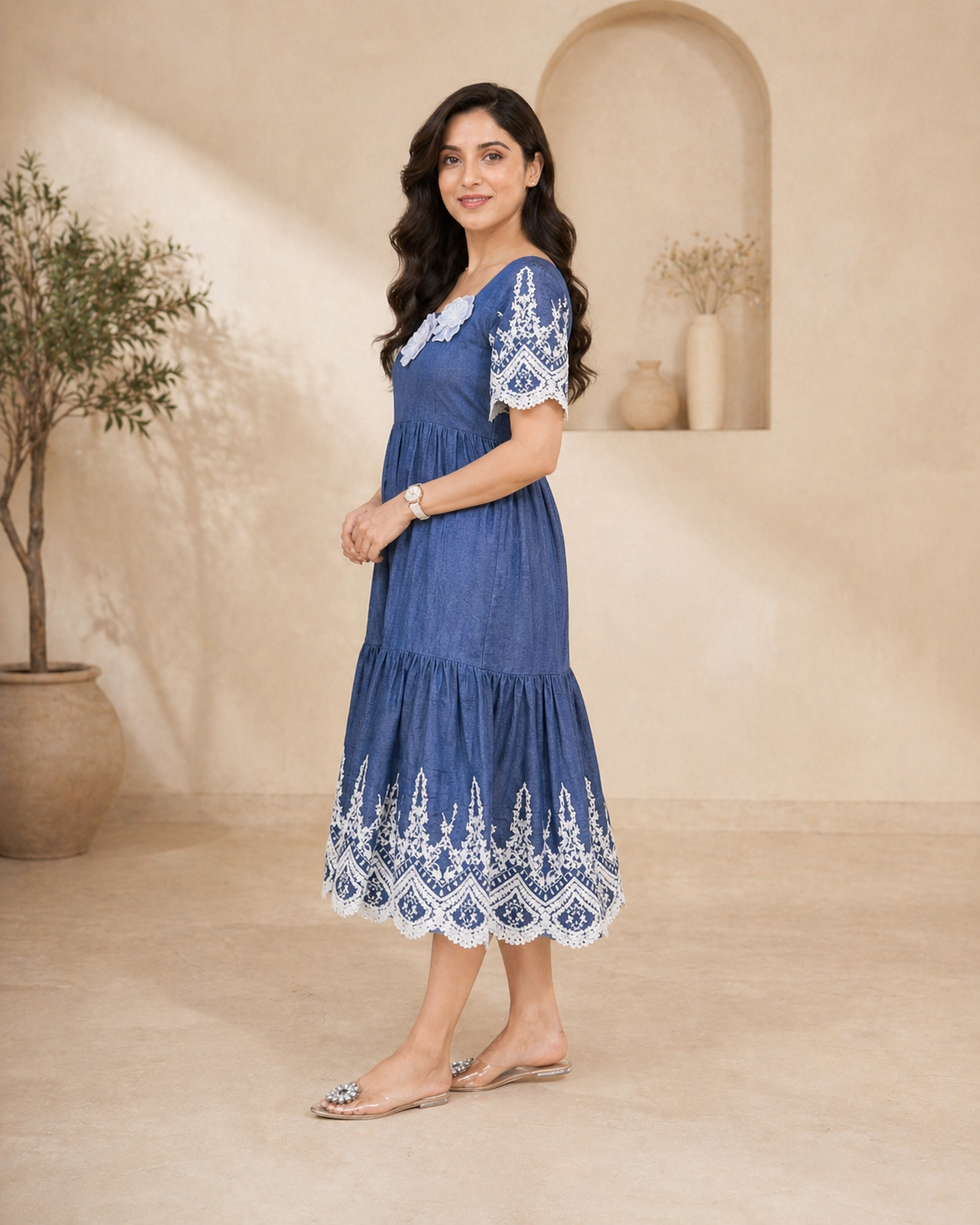 Denim casual frock with applique work