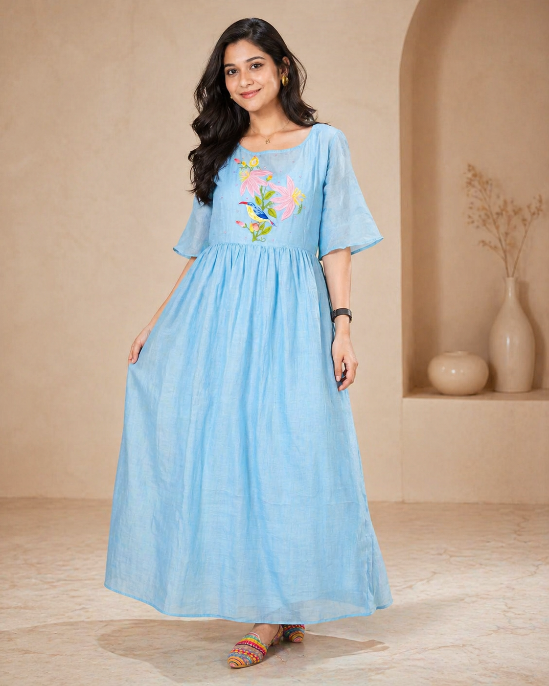 Blue mul mul  chanderi frock with hand embroidery
