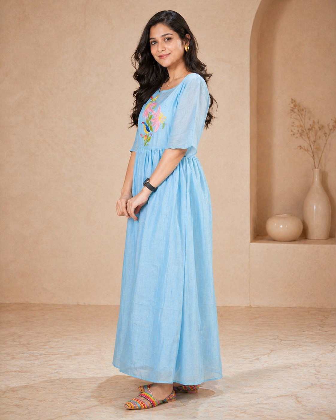 Blue mul mul  chanderi frock with hand embroidery