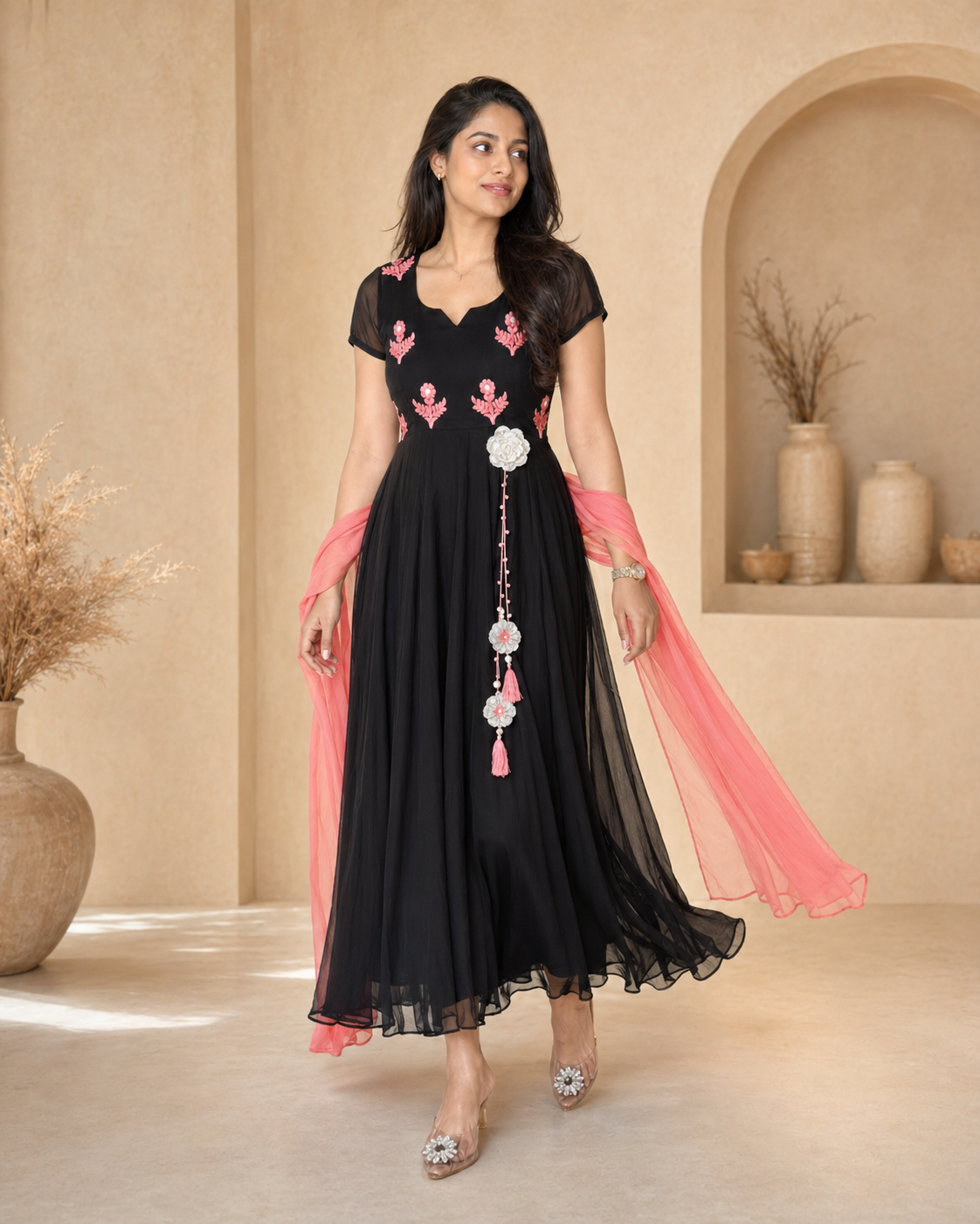 Black frock with peach thread work and plain dupatta