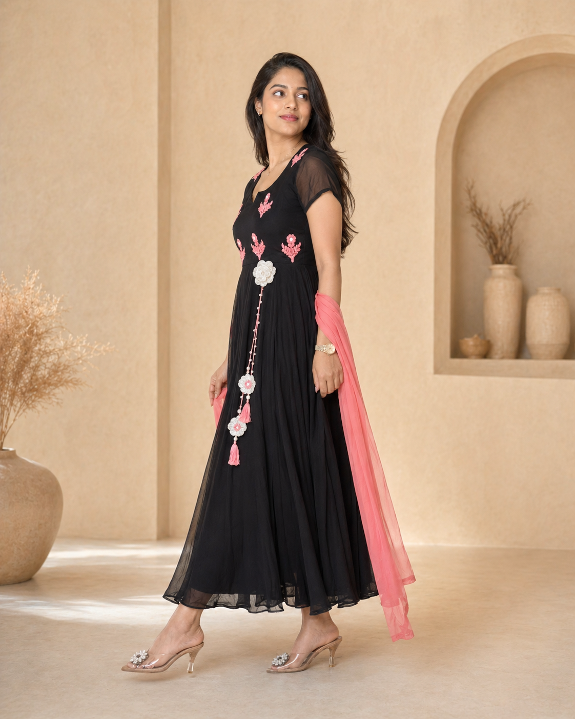 Black frock with peach thread work and plain dupatta