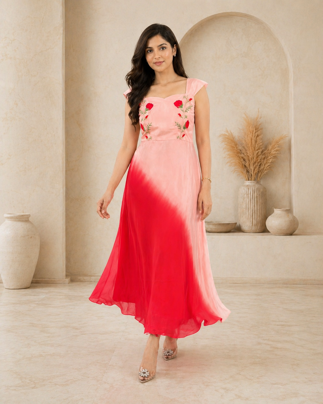 Dual shade with red embroidery frock