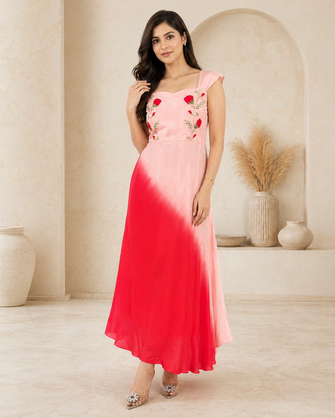 Dual shade with red embroidery frock