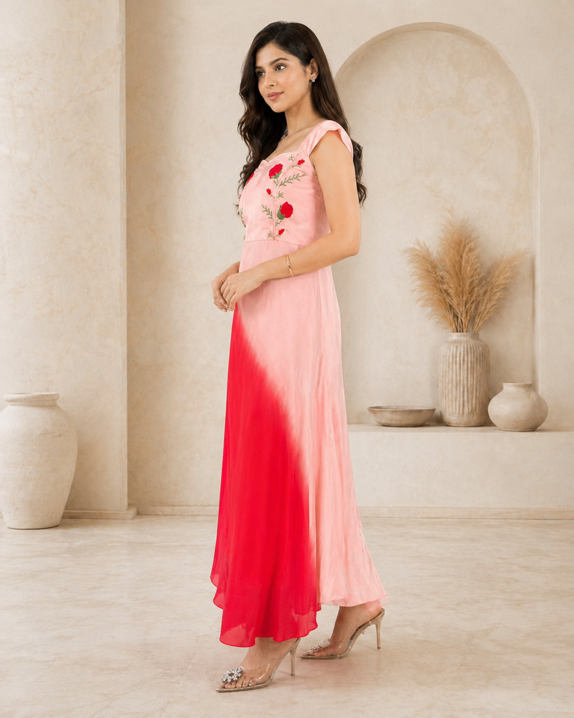 Dual shade with red embroidery frock