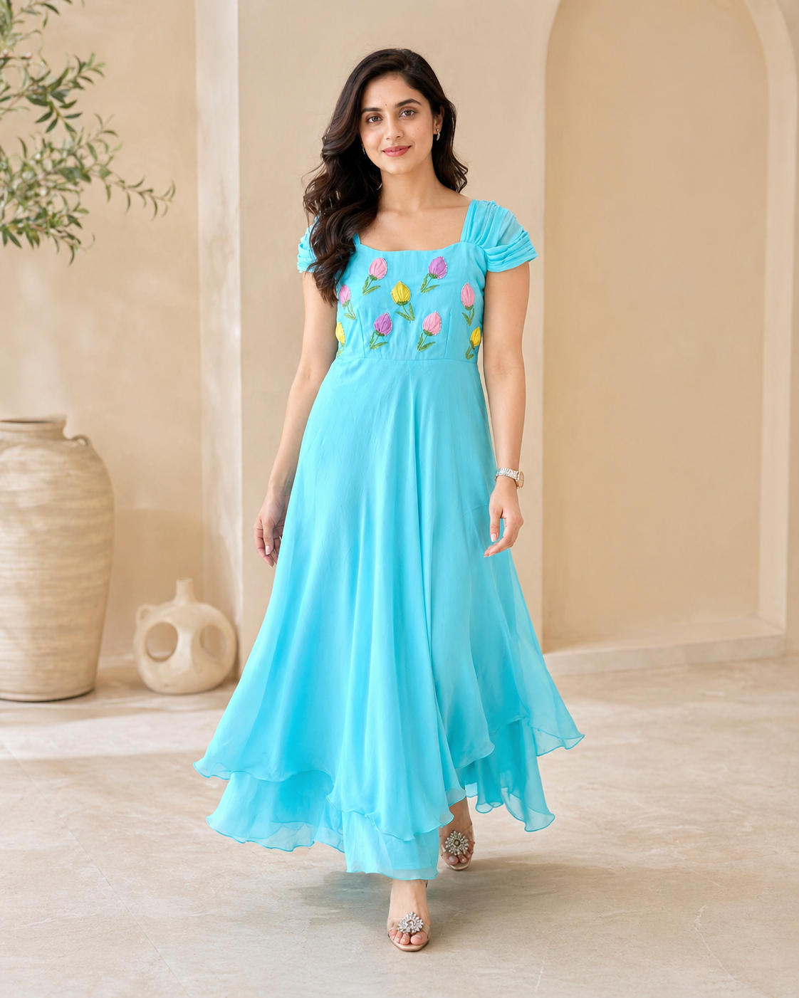 Organza with multi tulips hand embroidery frock