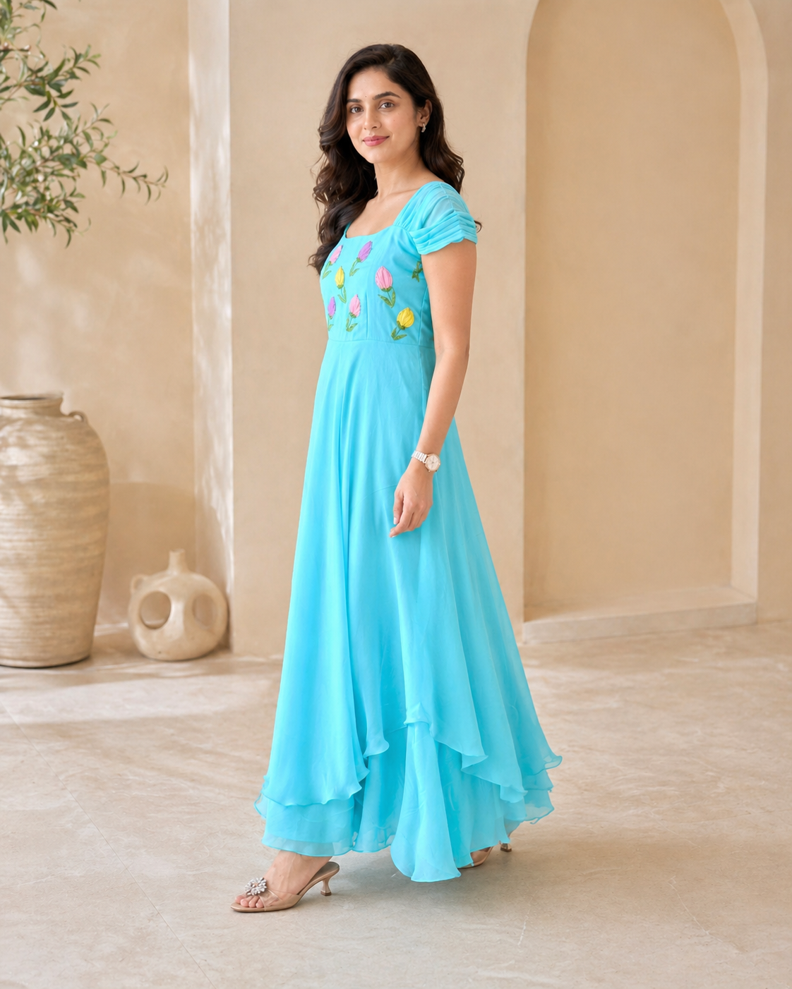 Organza with multi tulips hand embroidery frock
