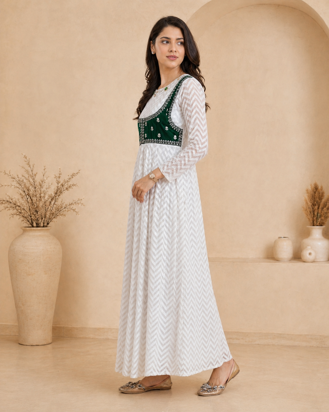 White frock with detachable green velvet jacket with hand embroidery