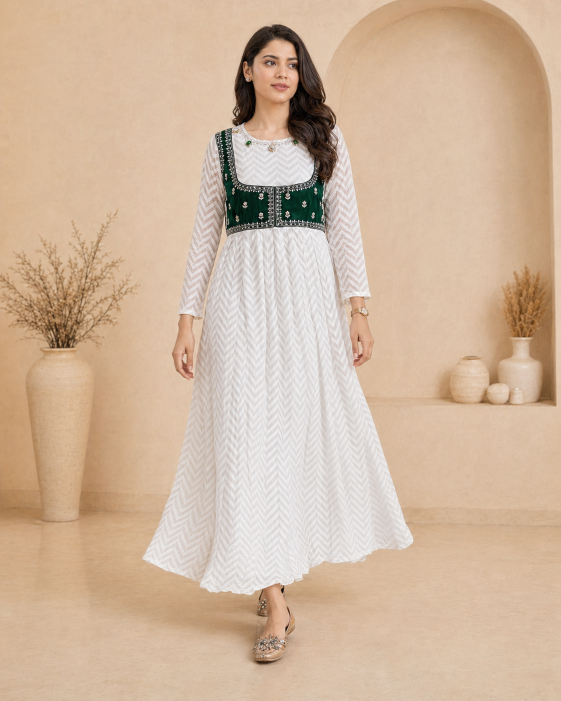 White frock with detachable green velvet jacket with hand embroidery