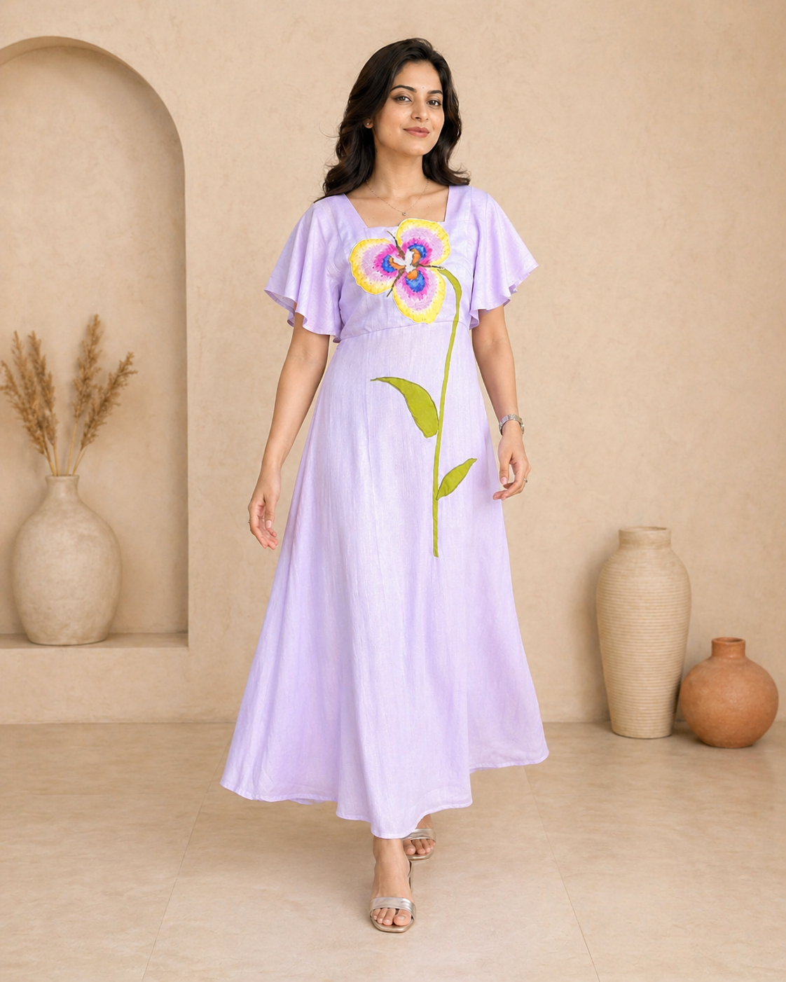 Ruffle sleeves frock with hand embroidery