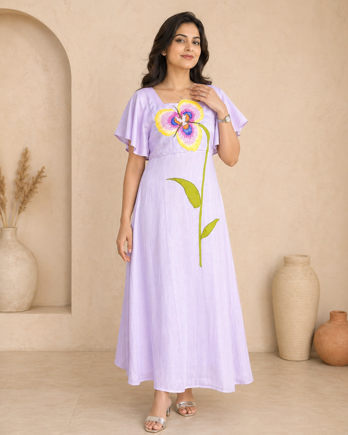 Ruffle sleeves frock with hand embroidery