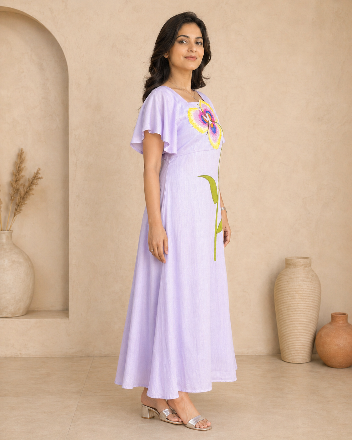 Ruffle sleeves frock with hand embroidery