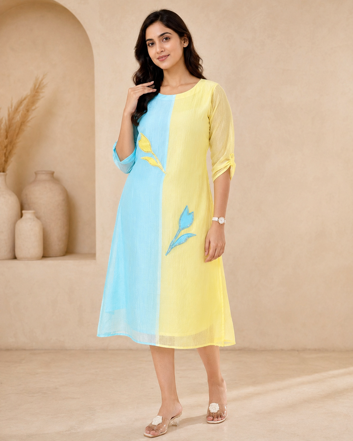 Dual colour glass tissue frock with applique work