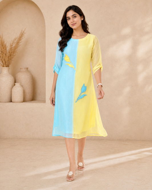 Dual colour glass tissue frock with applique work