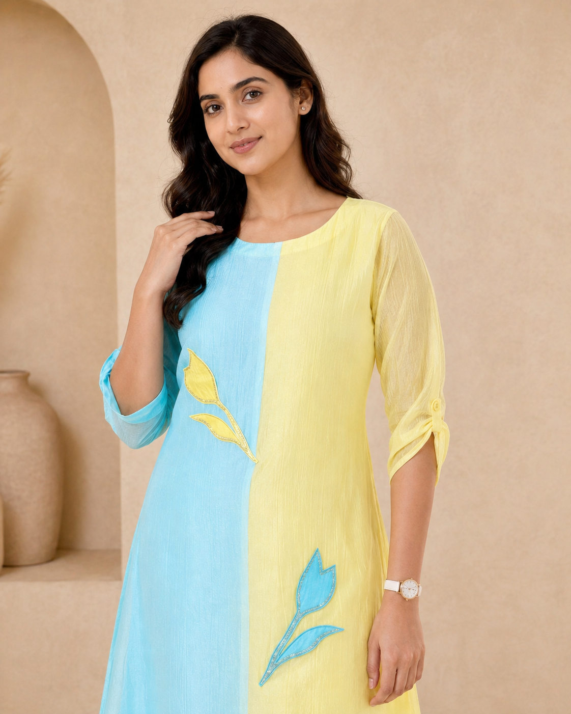Dual colour glass tissue frock with applique work