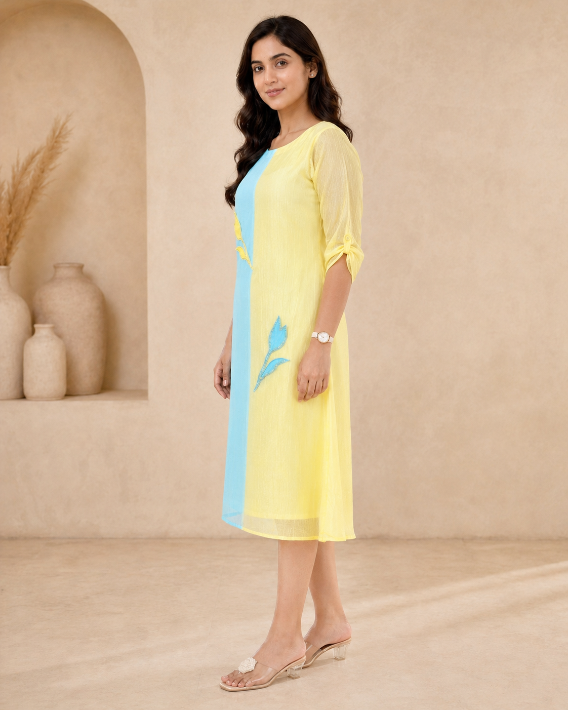Dual colour glass tissue frock with applique work