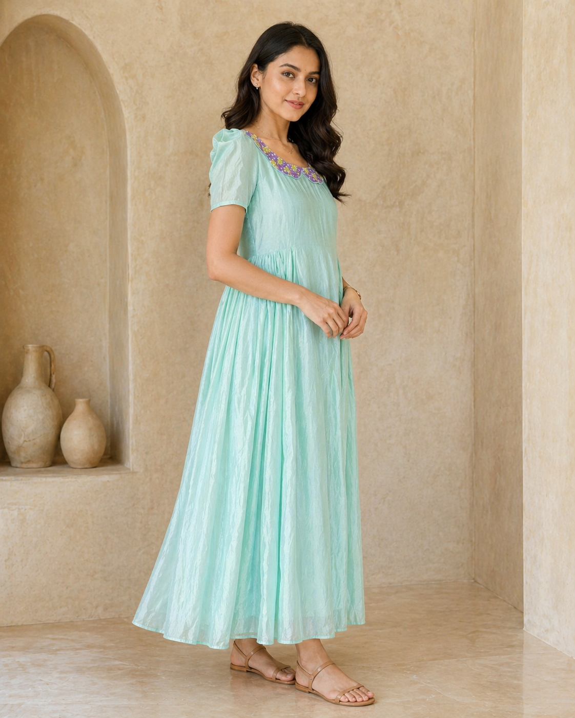 Mint green frock with hand embroidery