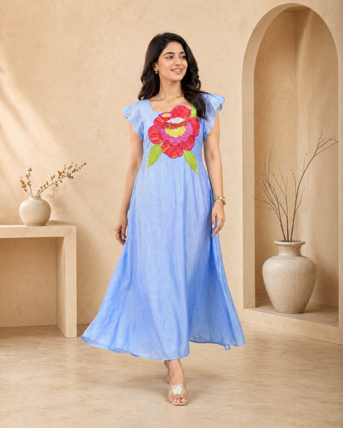 Floral rawsilk frock with hand embroidery