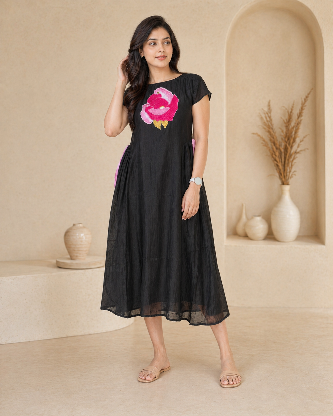 Black frock with pink applique work