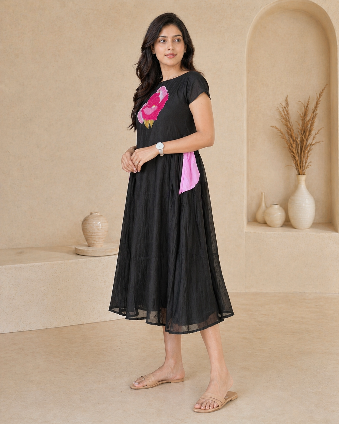Black frock with pink applique work