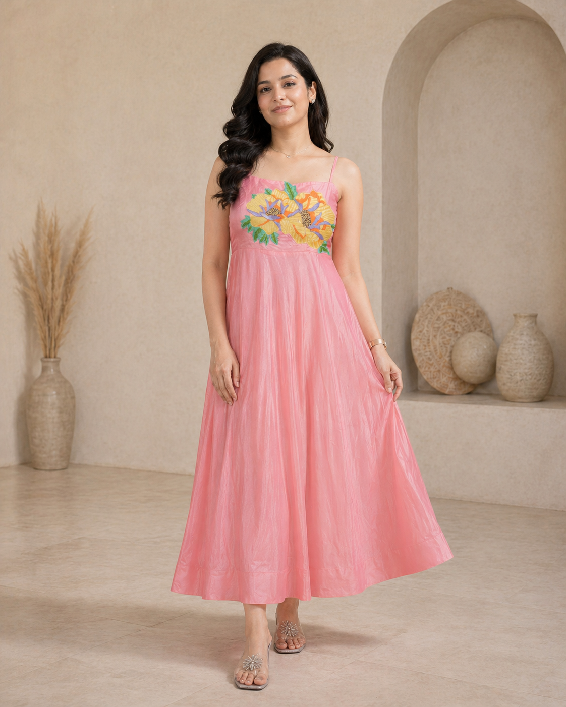 Floral raw silk Frock with hand embroidery