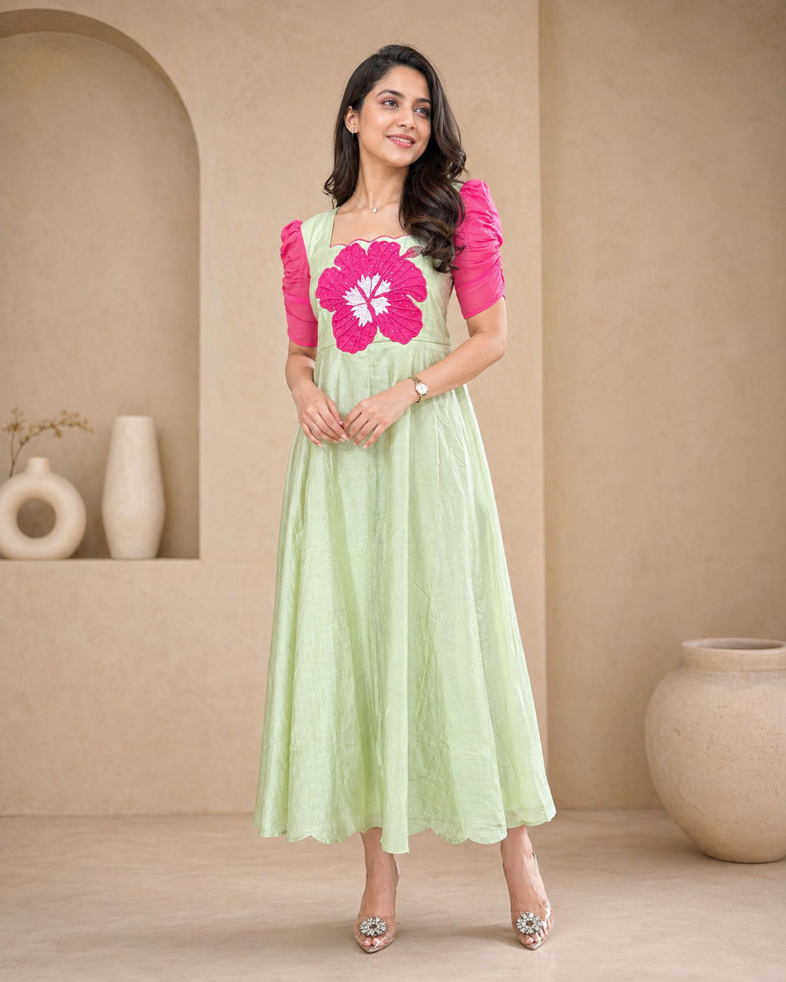 Lenin pista green frock with pink hibiscuss motif