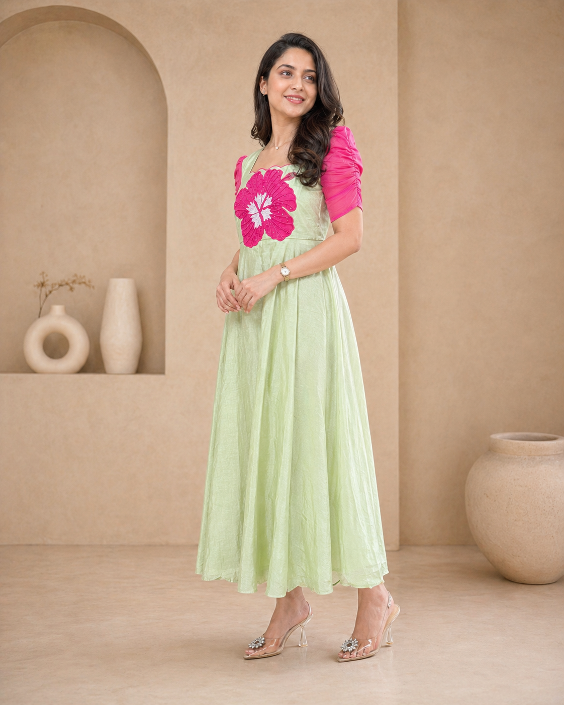 Lenin pista green frock with pink hibiscuss motif