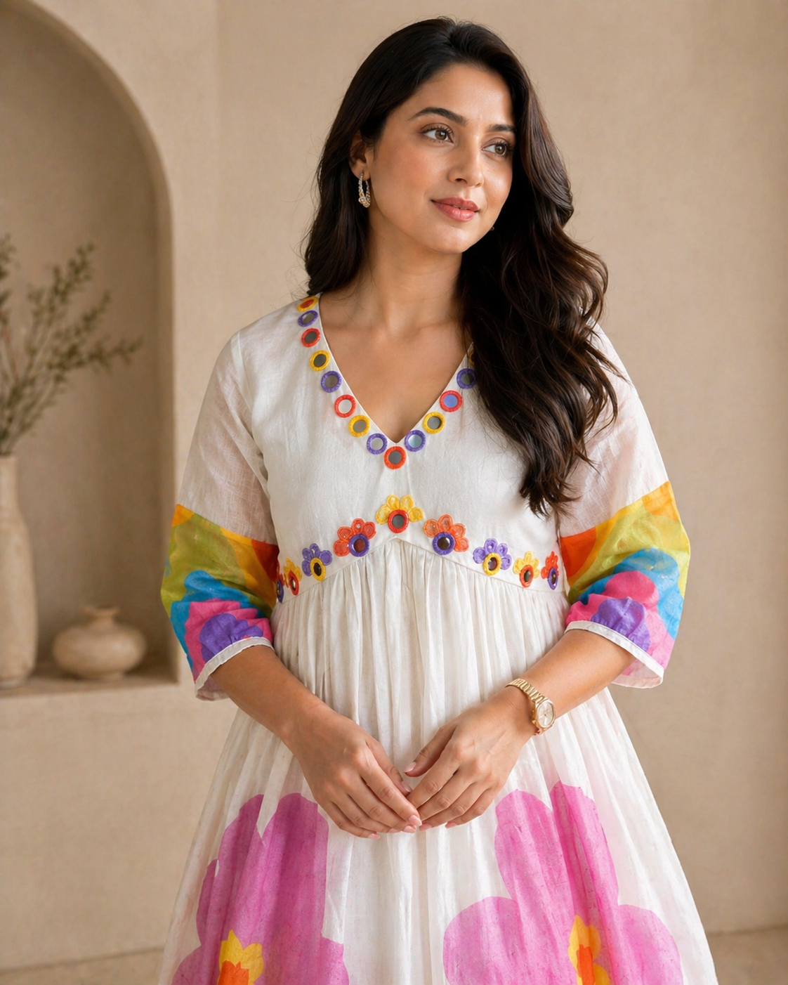 Ivory Mirror work shine with floral charm-frock