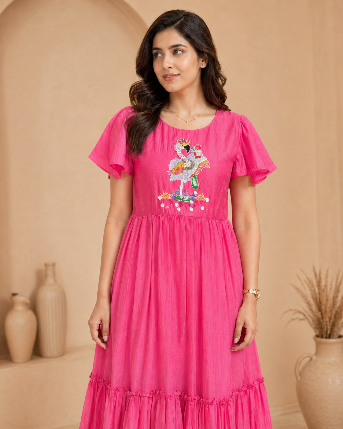 Mul mul chanderi frock with ruffle sleeves and hand emdroidery