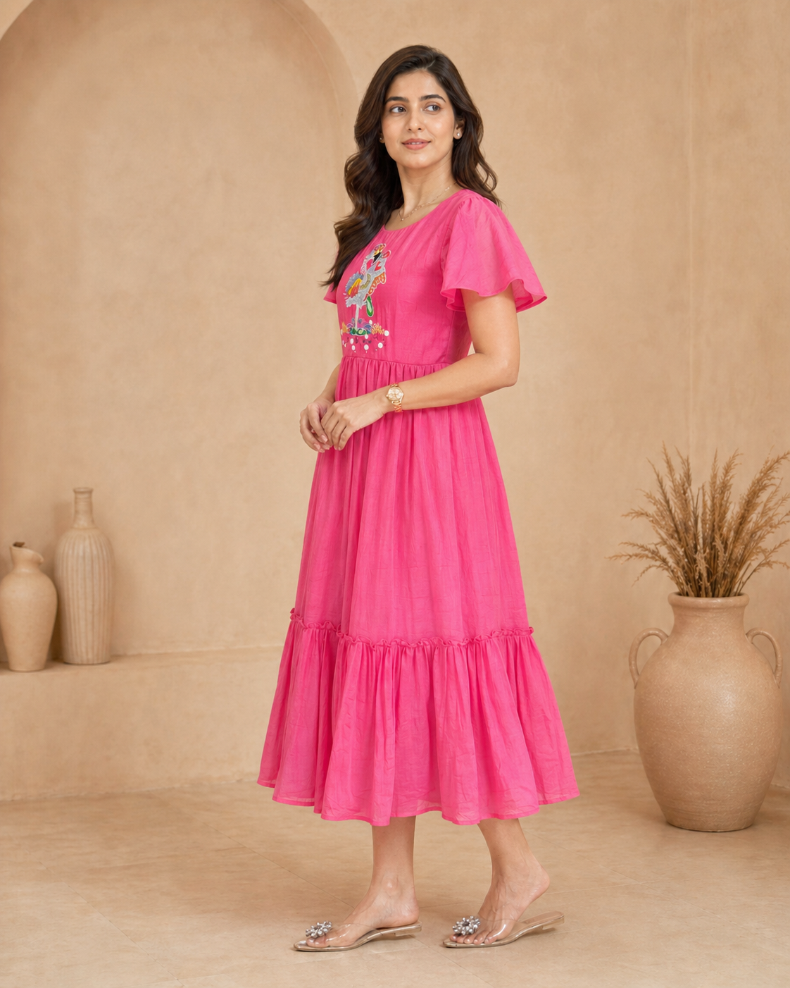 Mul mul chanderi frock with ruffle sleeves and hand emdroidery