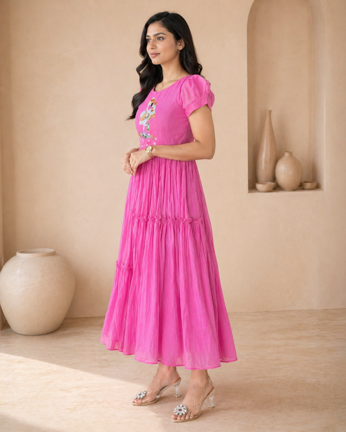 Mul mul chanderi frock with hand embroidery
