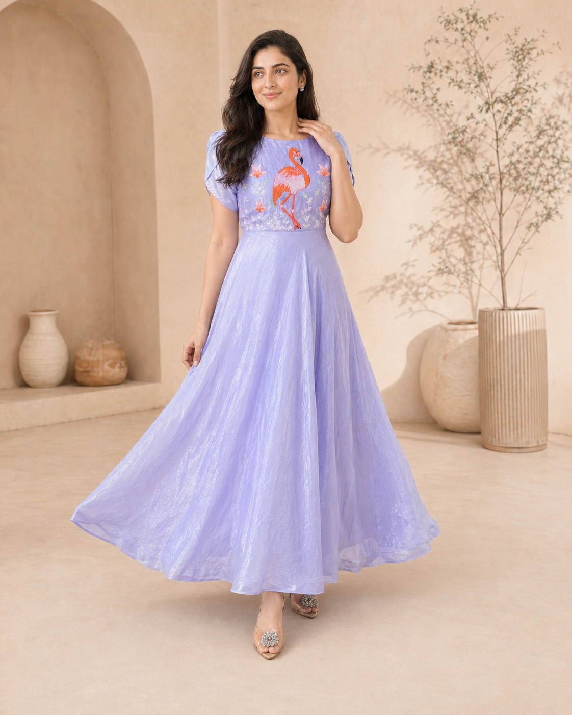 Blue glass tissue frock with hand embroidery