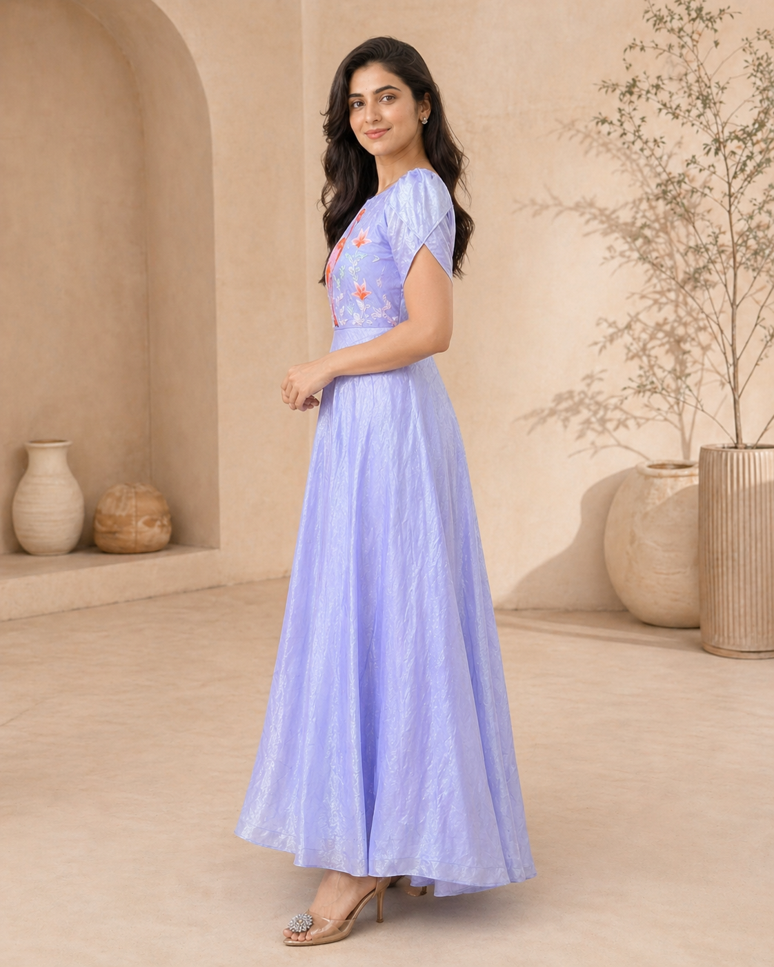 Blue glass tissue frock with hand embroidery