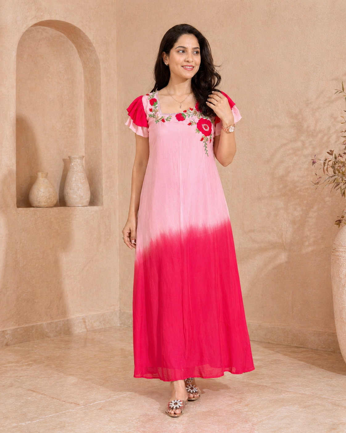 Dual shade embroidery frock with two layered ruuffle sleeves