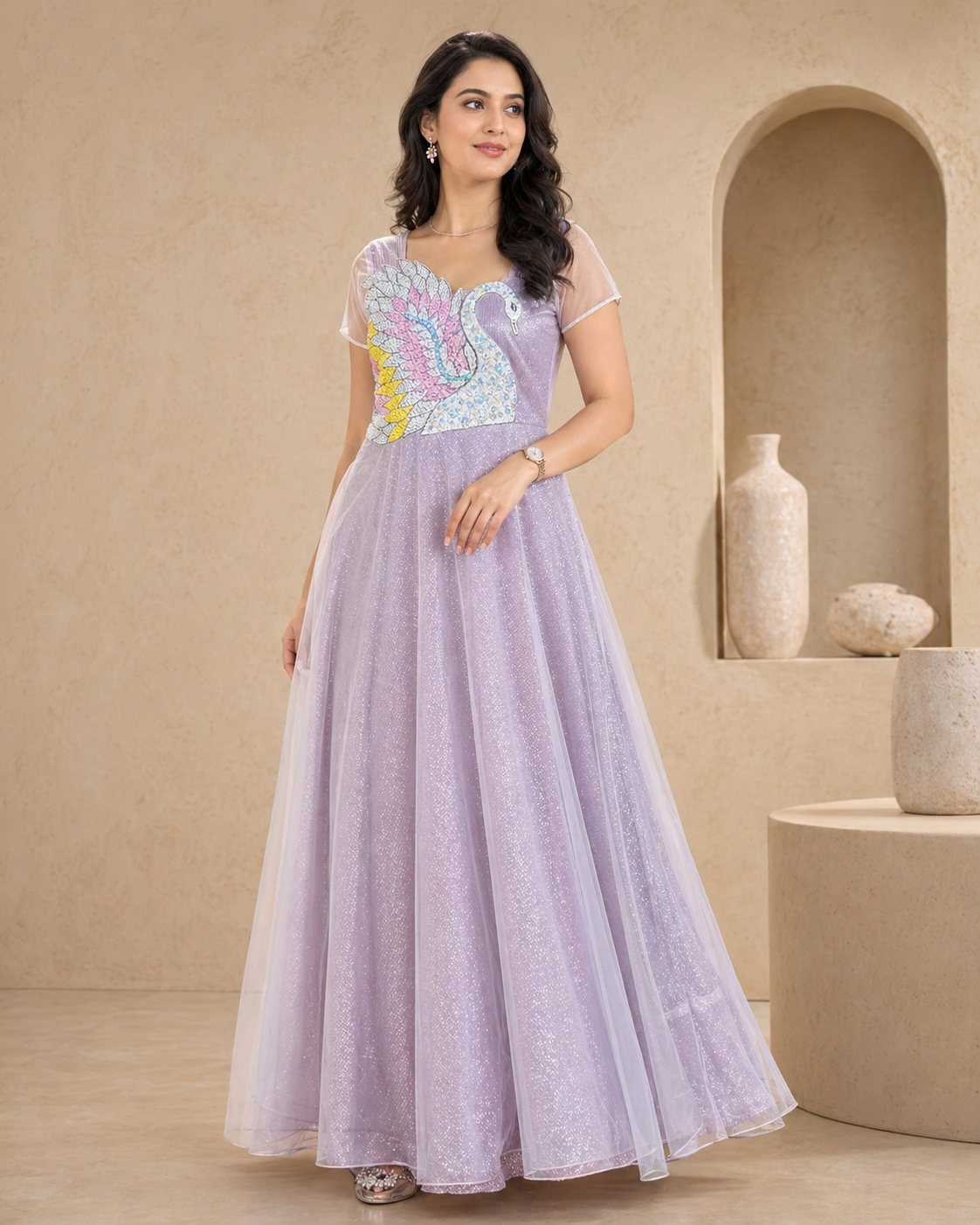 Sequins with swan motif hand embroidery Frock