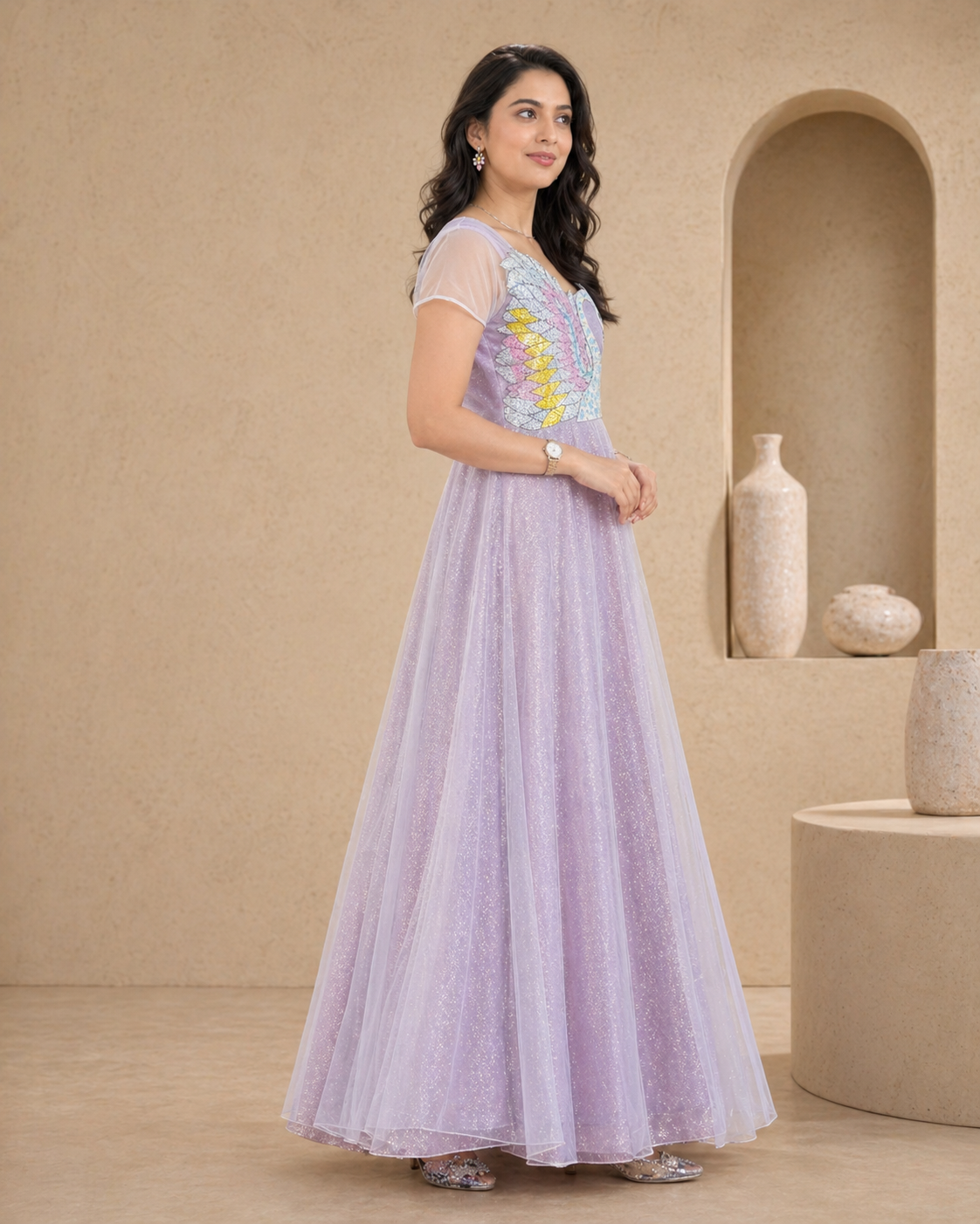 Sequins with swan motif hand embroidery Frock