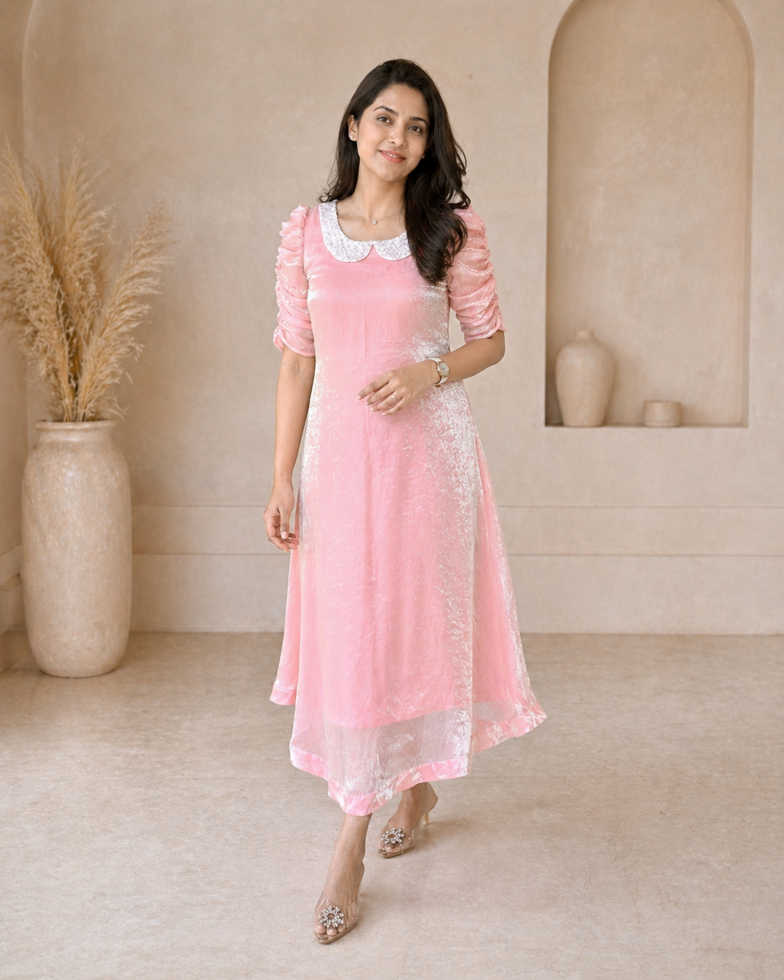 Peach glass tissue frock with hand embroidery