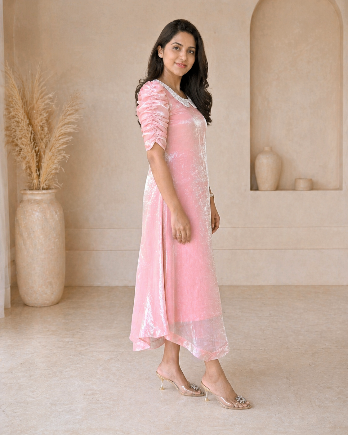Peach glass tissue frock with hand embroidery