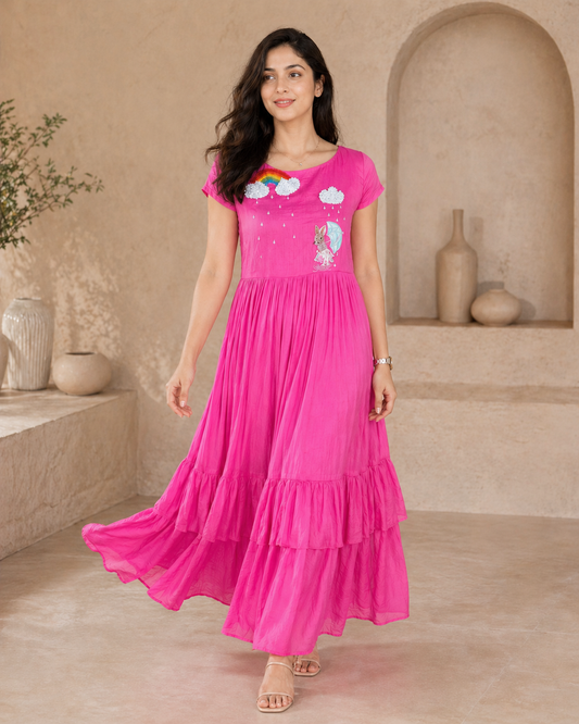Mul mul chanderi  frock with hand embroidery detailing